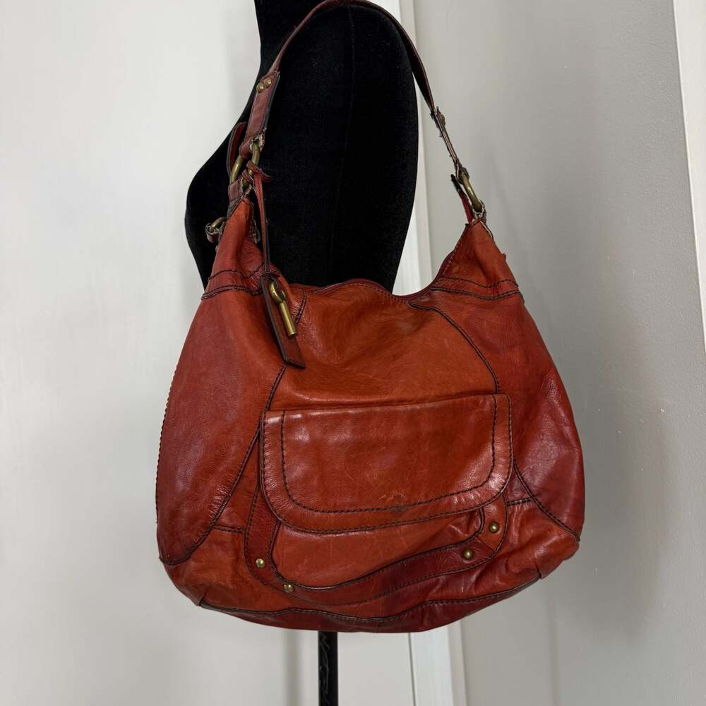 Vintage Fossil Russet Red Leather Large Hobo Shoulder Bag with External pocket